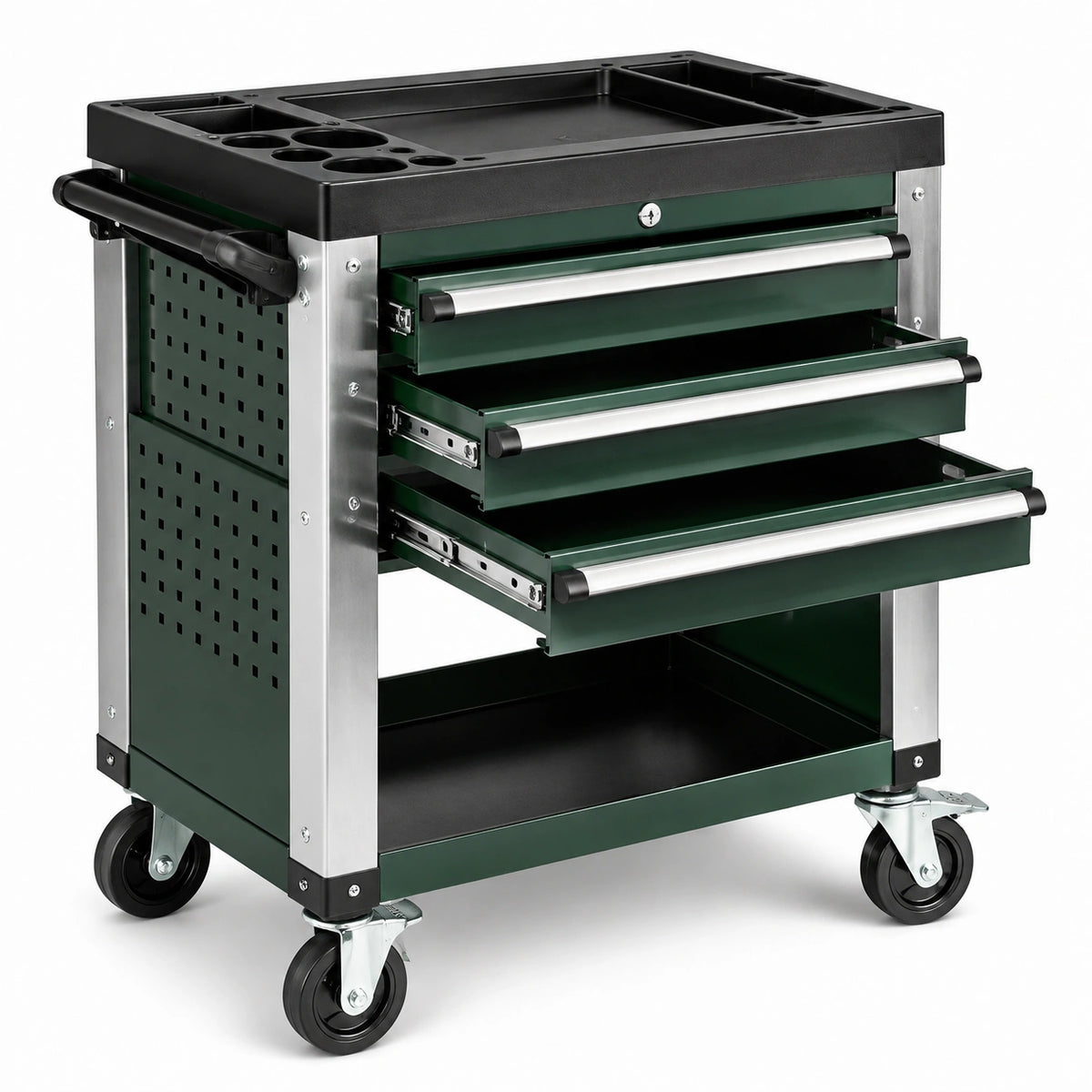 Mobiler Werkzeugwagen aus Stahl mit 3 Schubladen, Ablageboden und 4 Rollen, 75 × 45 × 85 cm, Dunkelgrün/Schwarz/Silber