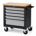 Abschließbarer Stahlwagen mit Bambusplatte, 5 Schubladen und Rollen, Schwarz/Silber/Natur, 68 × 33 × 77 cm