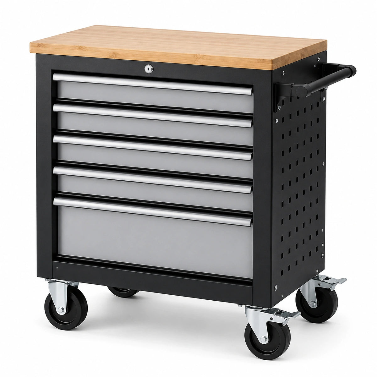 Abschließbarer Stahlwagen mit Bambusplatte, 5 Schubladen und Rollen, Schwarz/Silber/Natur, 68 × 33 × 77 cm