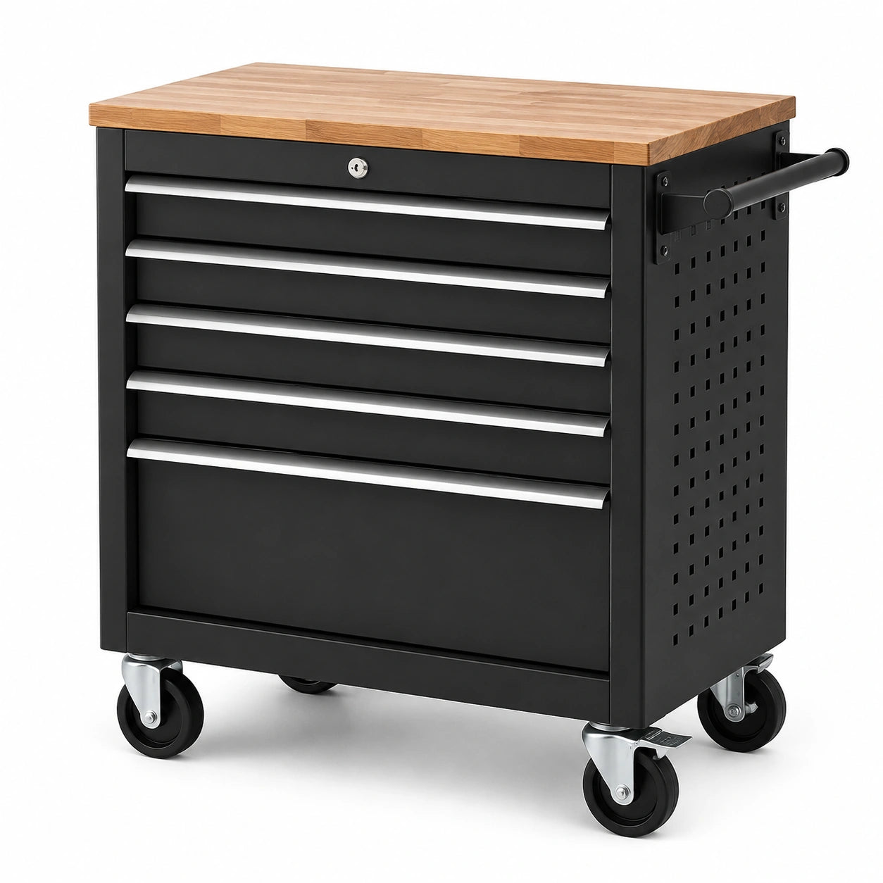 Mobiler Werkzeugwagen aus Stahl und Holz, 77 × 46 × 91 cm, Schwarz/Natur, abschließbar mit 5 Schubladen