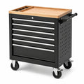 Rollbarer Werkstattwagen mit Holzarbeitsplatte, 6 Schubladen, abschließbar, 76 × 46 × 97 cm, Schwarz/Braun/Silber