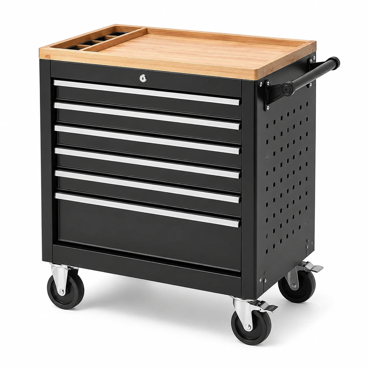 Rollbarer Werkstattwagen mit Holzarbeitsplatte, 6 Schubladen, abschließbar, 76 × 46 × 97 cm, Schwarz/Braun/Silber