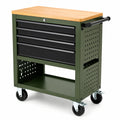 Mobiler Werkzeugwagen aus Stahl, 70 × 45 × 90 cm, Grün/Schwarz/Natur, mit Holzarbeitsplatte, 4 Schubladen und Rollen
