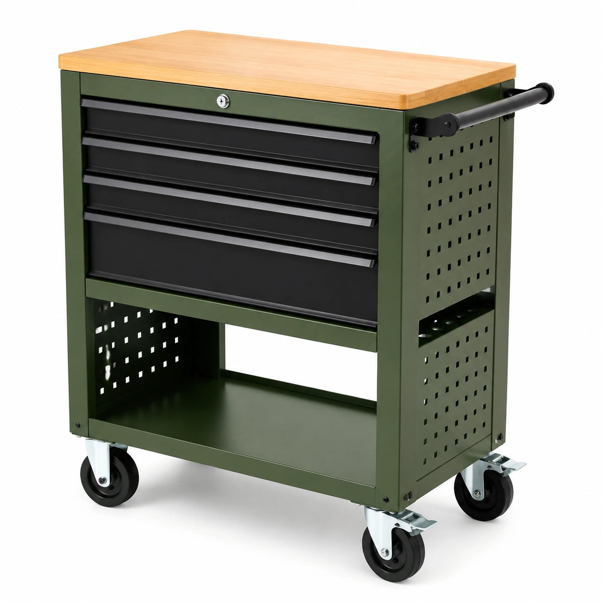 Mobiler Werkzeugwagen aus Stahl, 70 × 45 × 90 cm, Grün/Schwarz/Natur, mit Holzarbeitsplatte, 4 Schubladen und Rollen