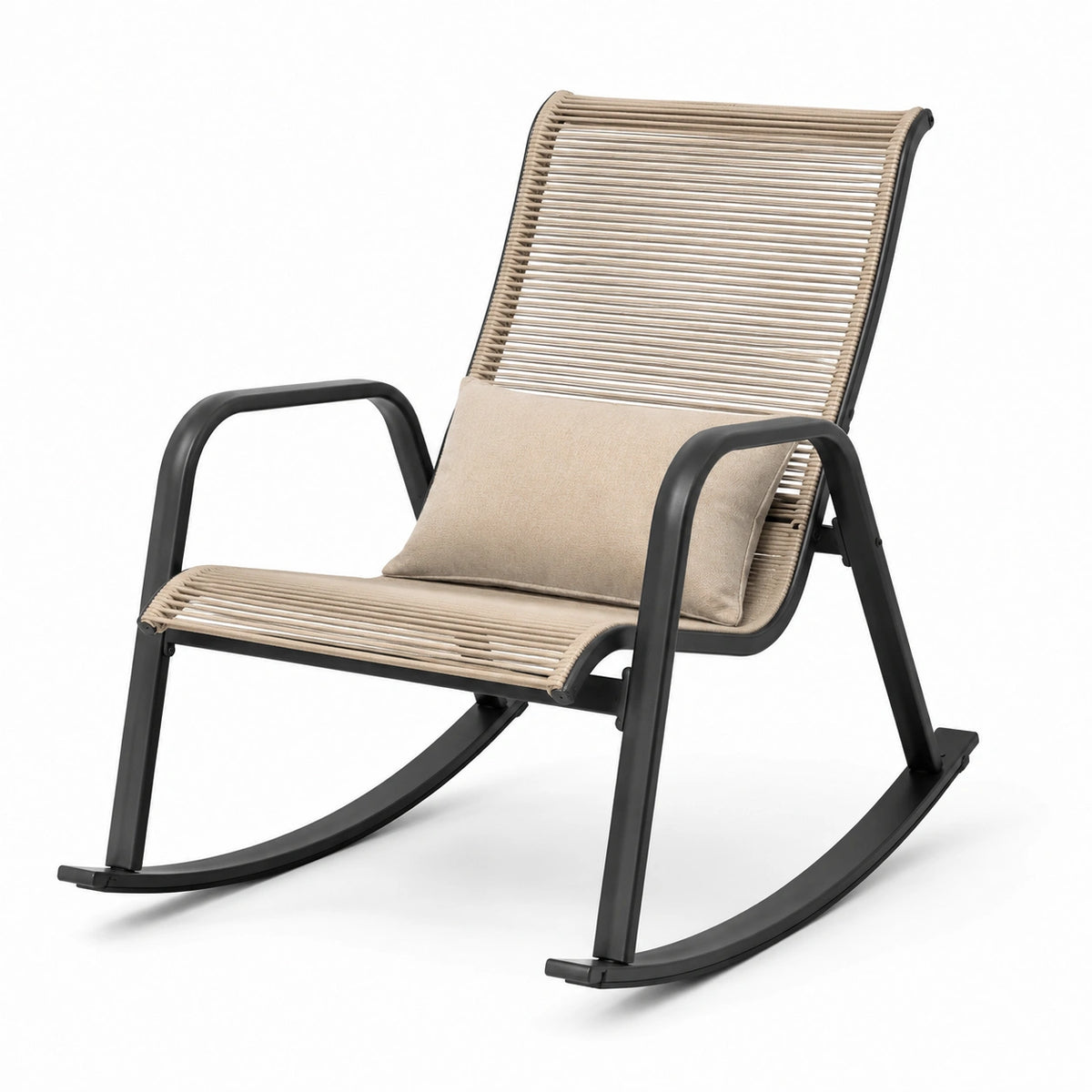 Garten-Schaukelstuhl 95 × 67 × 103 cm, Beige/Schwarz, mit Metallgestell, Seilgeflecht und Armlehnen