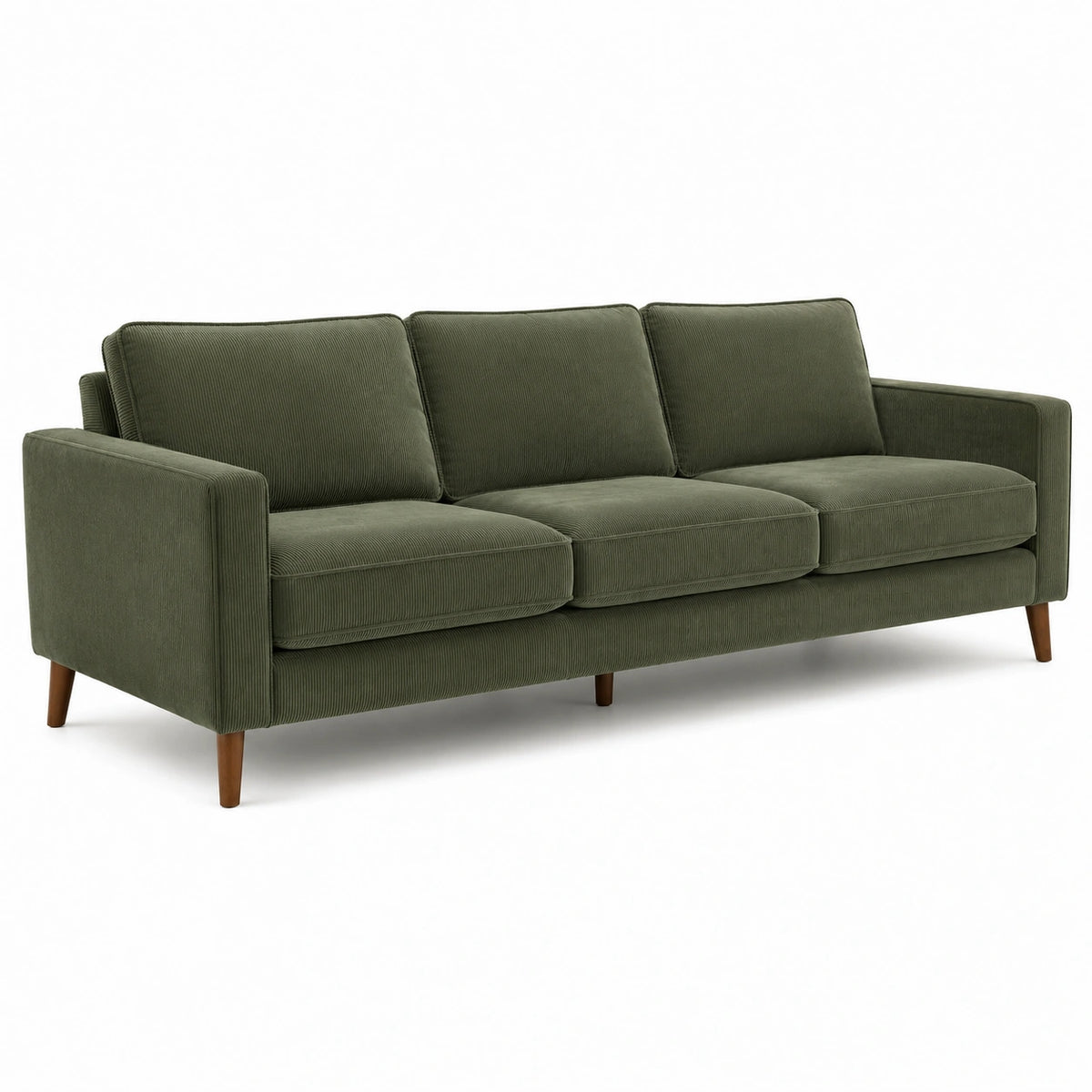 Modernes 3-Sitzer-Sofa 220 × 88 × 84 cm mit grünem Cordbezug und braunen Holzfüßen