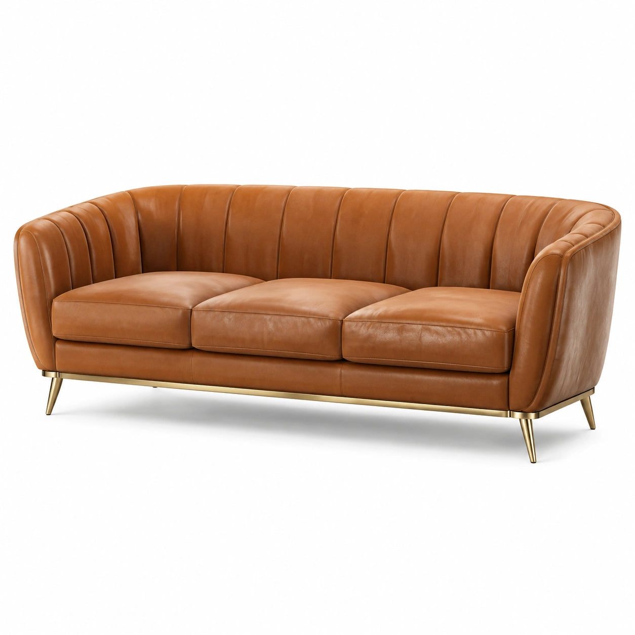 Modernes 3-Sitzer-Sofa mit Lederoptik in Cognacbraun und Gold, 220 × 85 × 78 cm