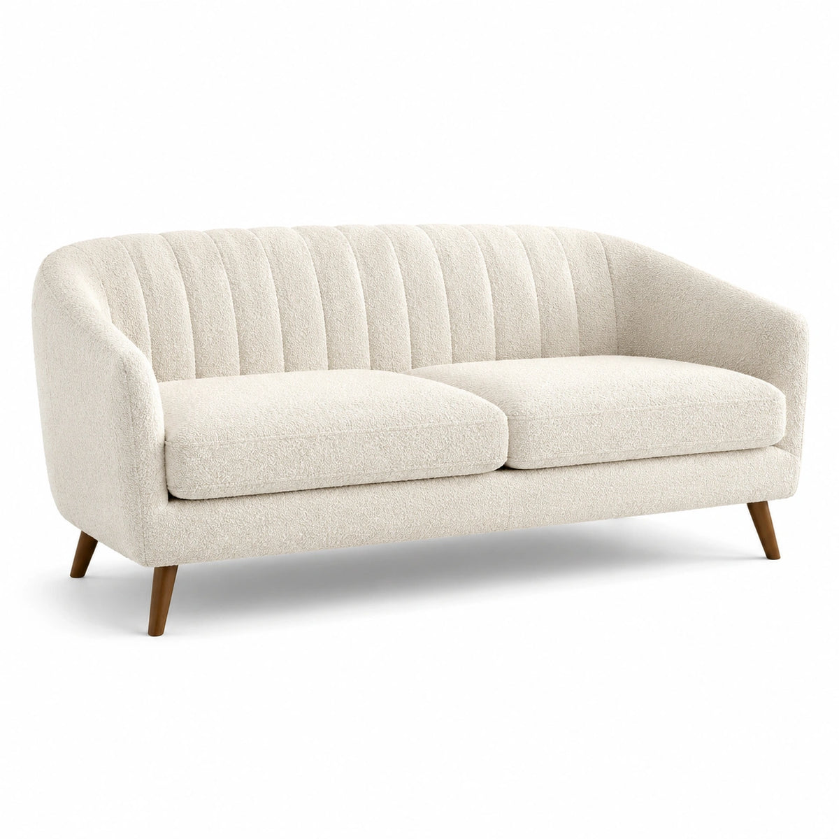 Modernes 3-Sitzer-Sofa mit Bouclé-Bezug in Creme und braunen Beinen, 200 × 85 × 82 cm