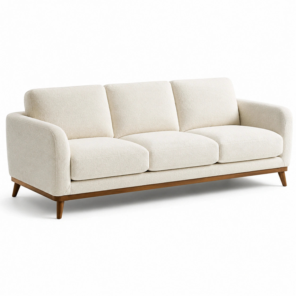 Modernes 3-Sitzer-Sofa aus cremefarbenem Strukturstoff mit braunem Holzgestell, 220 × 90 × 85 cm