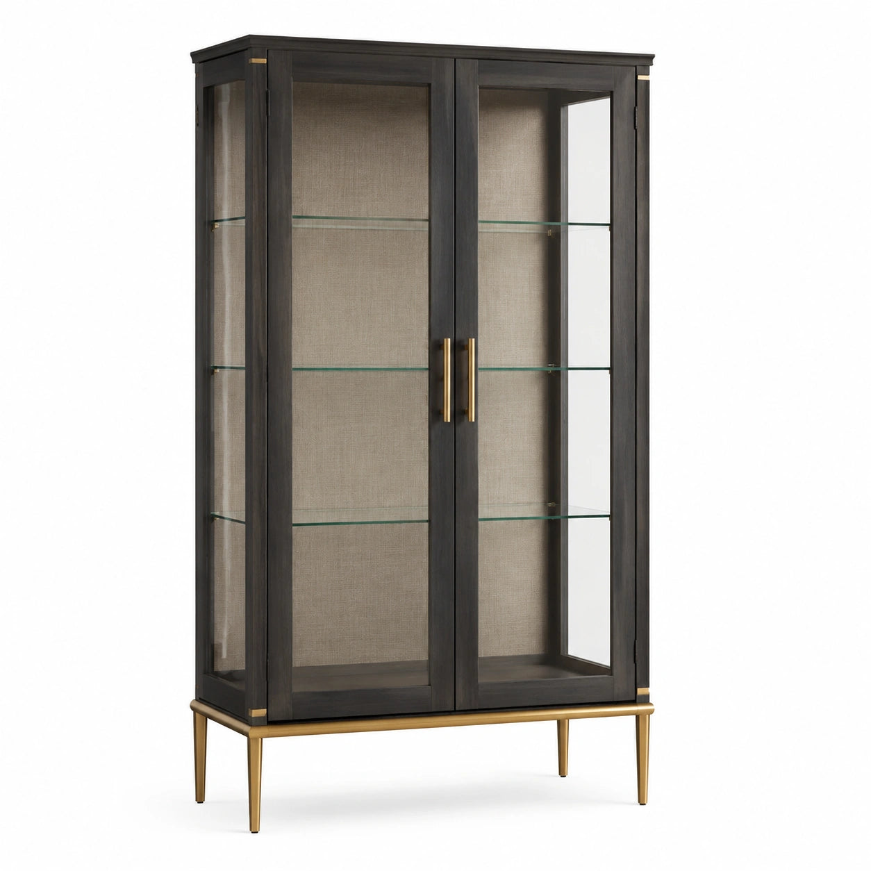 Moderne Vitrine aus schwarzem Holzwerkstoff mit Glastüren und goldenem Metallgestell, 100 × 40 × 180 cm