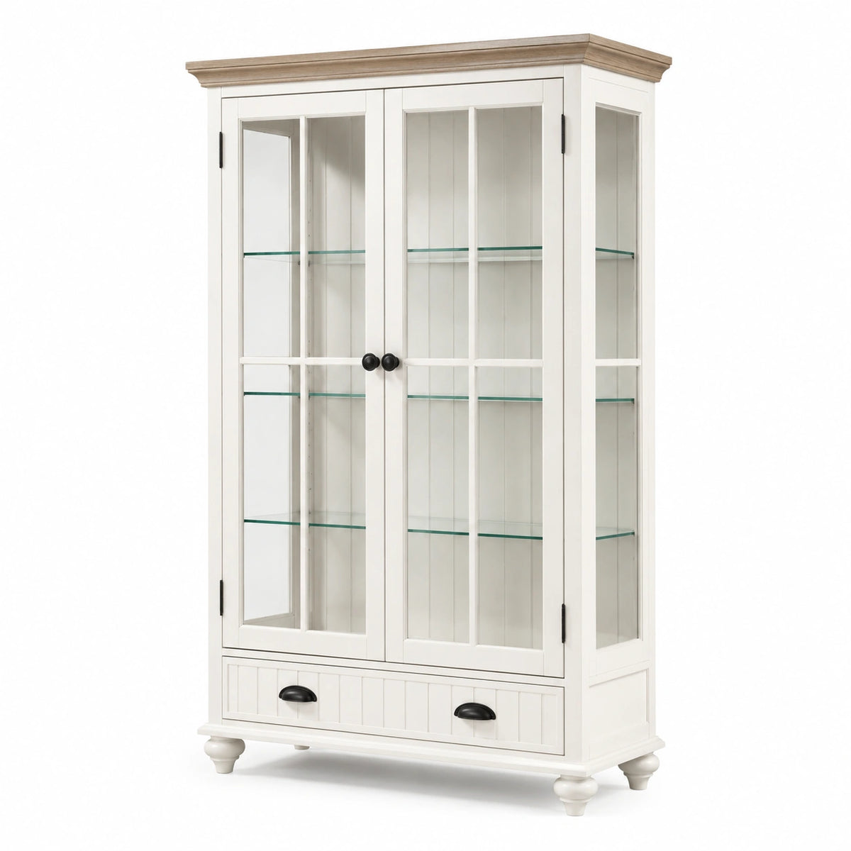 Vitrinenschrank im Landhausstil mit 2 Glastüren, 3 Glasböden und Schublade, 110 × 42 × 190 cm, Weiß/Braun/Schwarz