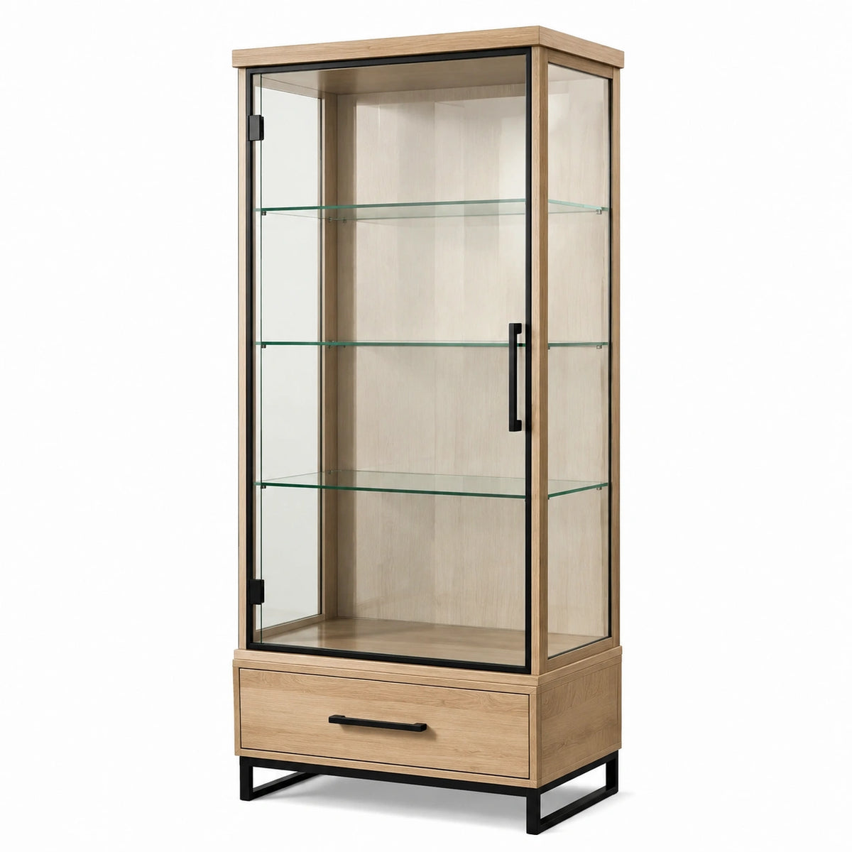 Vitrine mit Glastür, 3 Glasböden und Schublade, 80 × 40 × 180 cm, Natur/Schwarz/Transparent