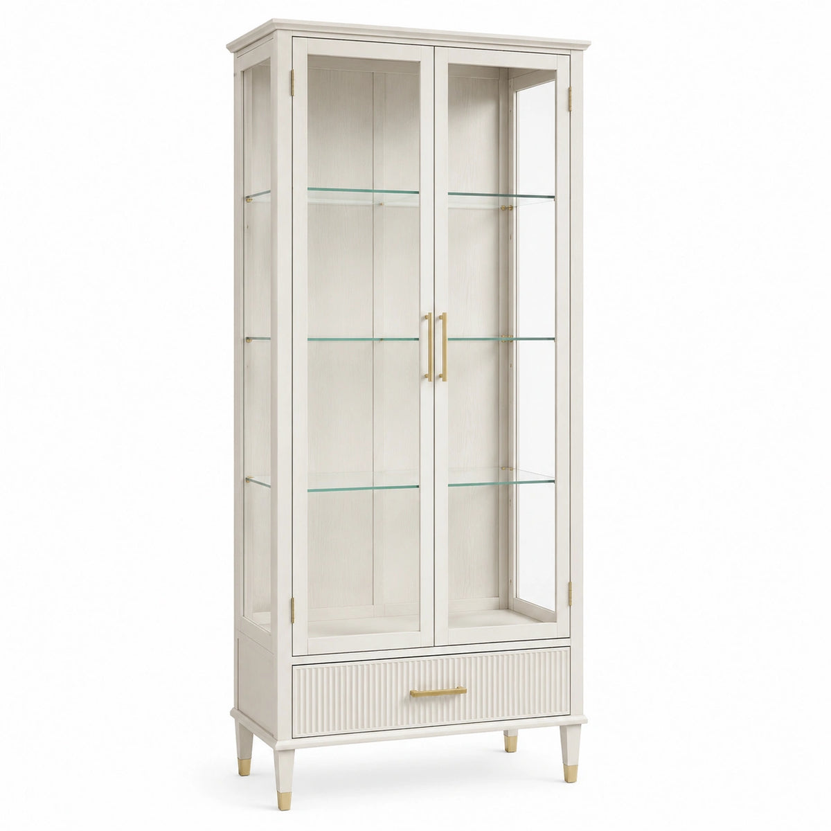 Vitrinenschrank mit 2 Glastüren, 3 Glasböden und Schublade, Cremeweiß/Gold, 90 × 40 × 190 cm