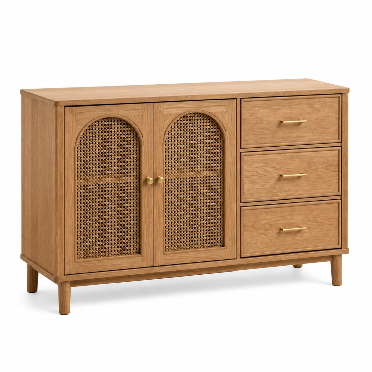 Sideboard aus Holzwerkstoff und Rattan, Natur/Gold, 120 × 40 × 80 cm, mit 3 Schubladen und 2 Türen