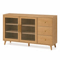 Sideboard in Naturbraun mit Riffelglas, 2 Türen und 3 Schubladen, 140 × 40 × 80 cm