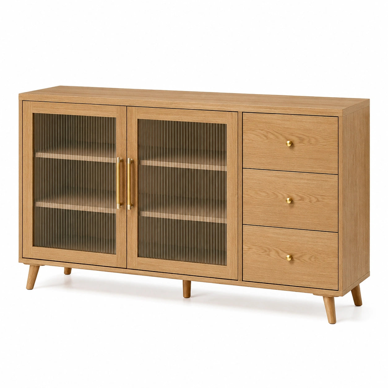 Sideboard in Naturbraun mit Riffelglas, 2 Türen und 3 Schubladen, 140 × 40 × 80 cm