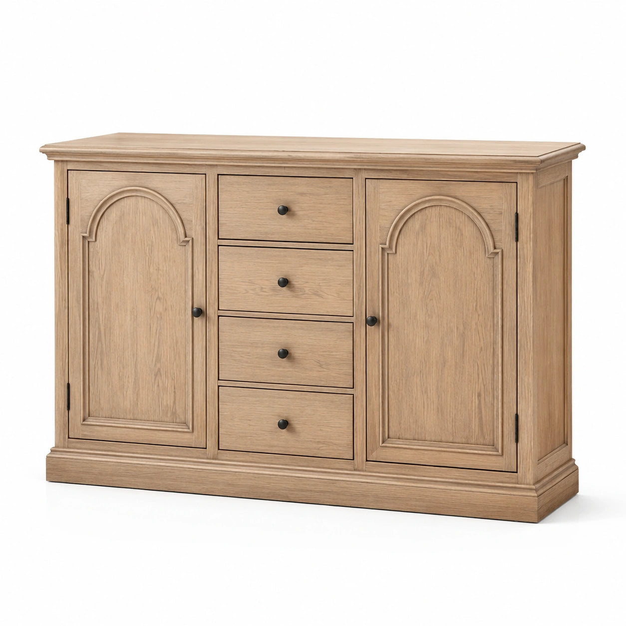 Sideboard aus Holzwerkstoff in Eichenoptik, Natur/Schwarz, 150 × 45 × 95 cm, Landhausstil, 4 Schubladen und 2 Türen