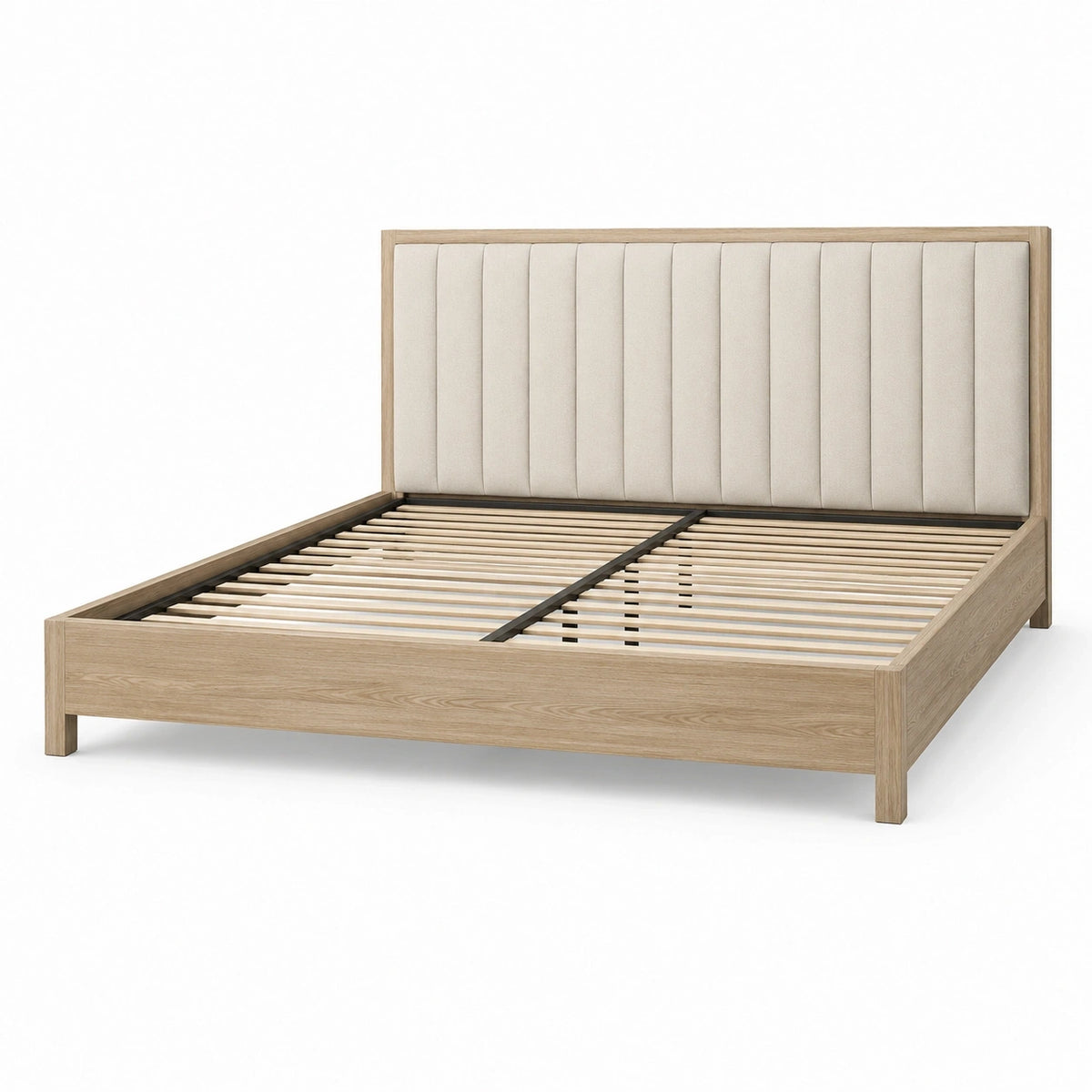 Doppelbett 180 × 200 cm in Eichefarben und Beige mit gepolstertem Kopfteil und Lattenrost