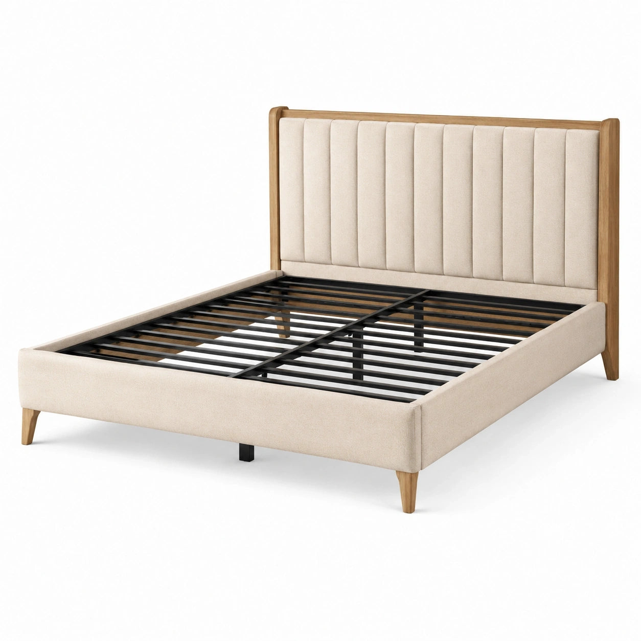 Polsterbett 180 × 200 cm, Gesamtmaß 210 × 190 × 120 cm, Beige, mit vertikal gepolstertem Kopfteil, Holzrahmen und Metall-Lattenrost