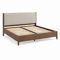 Bettgestell 160 × 200 cm, Gesamtmaß 210 × 170 × 110 cm, Walnussbraun mit gepolstertem Kopfteil in Beige