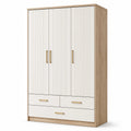 Moderner Kleiderschrank mit 3 Türen und 3 Schubladen, Weiß/Eichefarben/Goldfarben, 120 × 52 × 190 cm