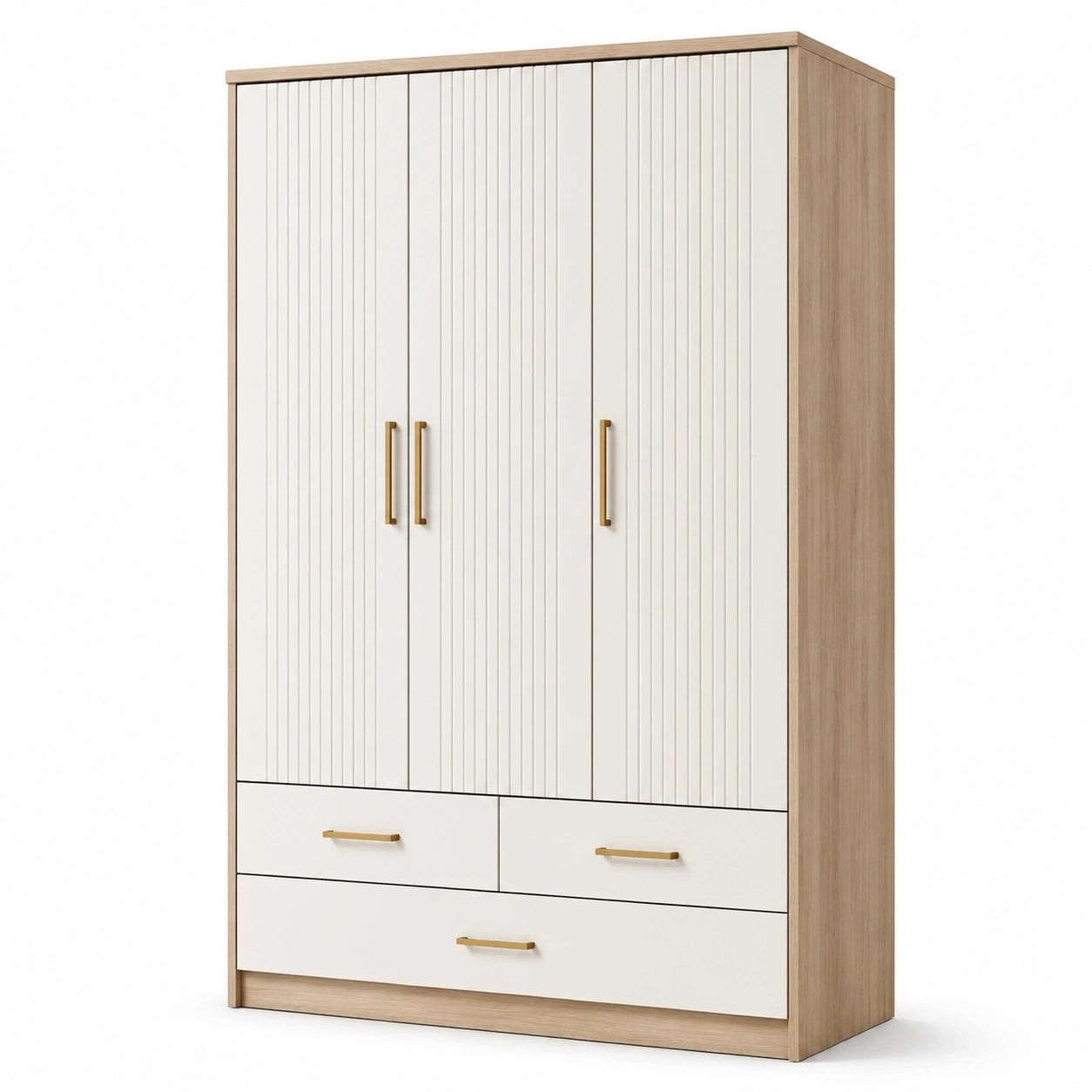Moderner Kleiderschrank mit 3 Türen und 3 Schubladen, Weiß/Eichefarben/Goldfarben, 120 × 52 × 190 cm
