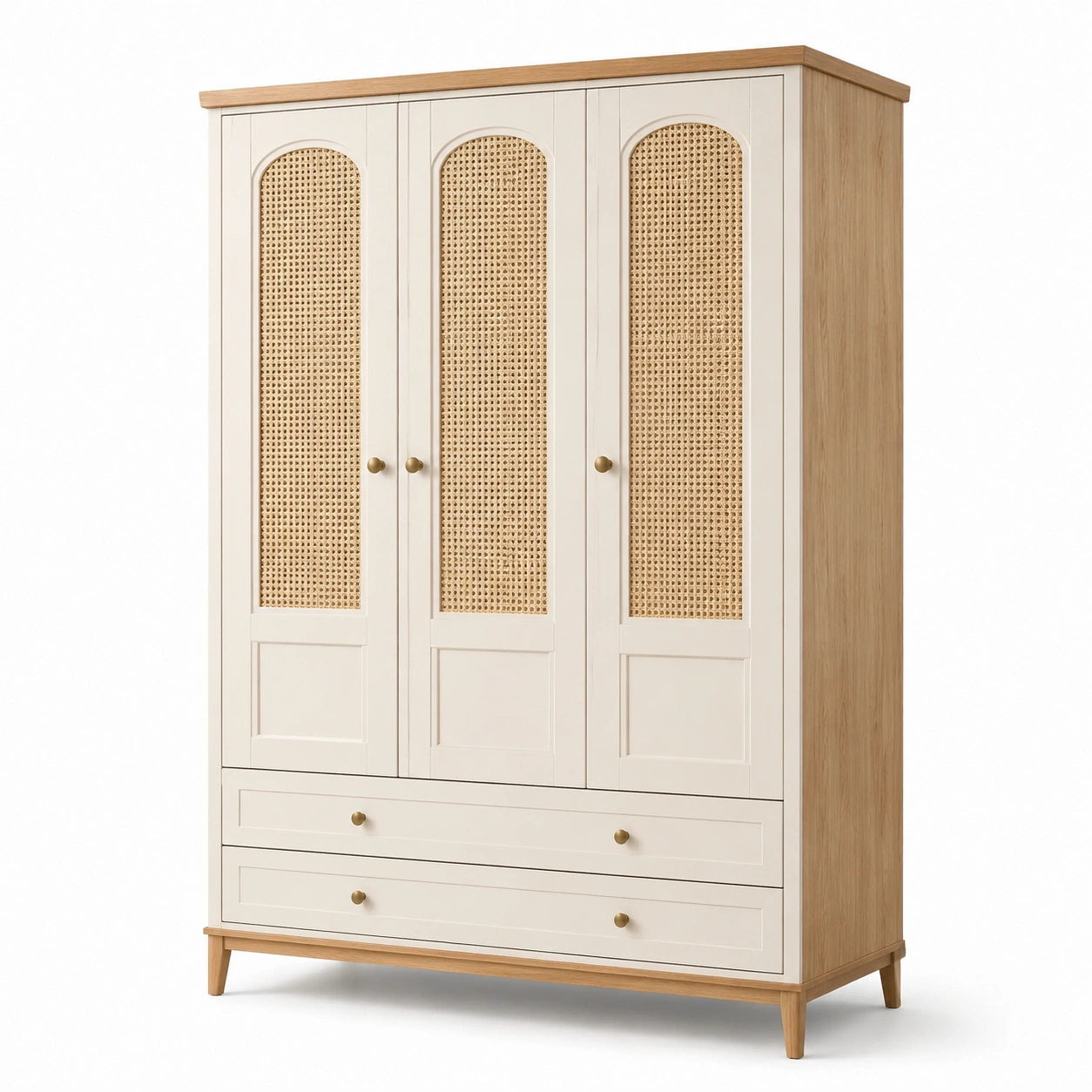 Kleiderschrank mit Rattangeflecht, 120 × 55 × 190 cm, Creme/Natur, 3 Türen und 2 Schubladen