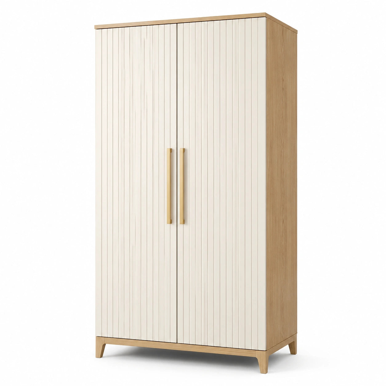 Zweitüriger Kleiderschrank 100 × 55 × 190 cm in Creme und Eiche mit goldfarbenen Griffen