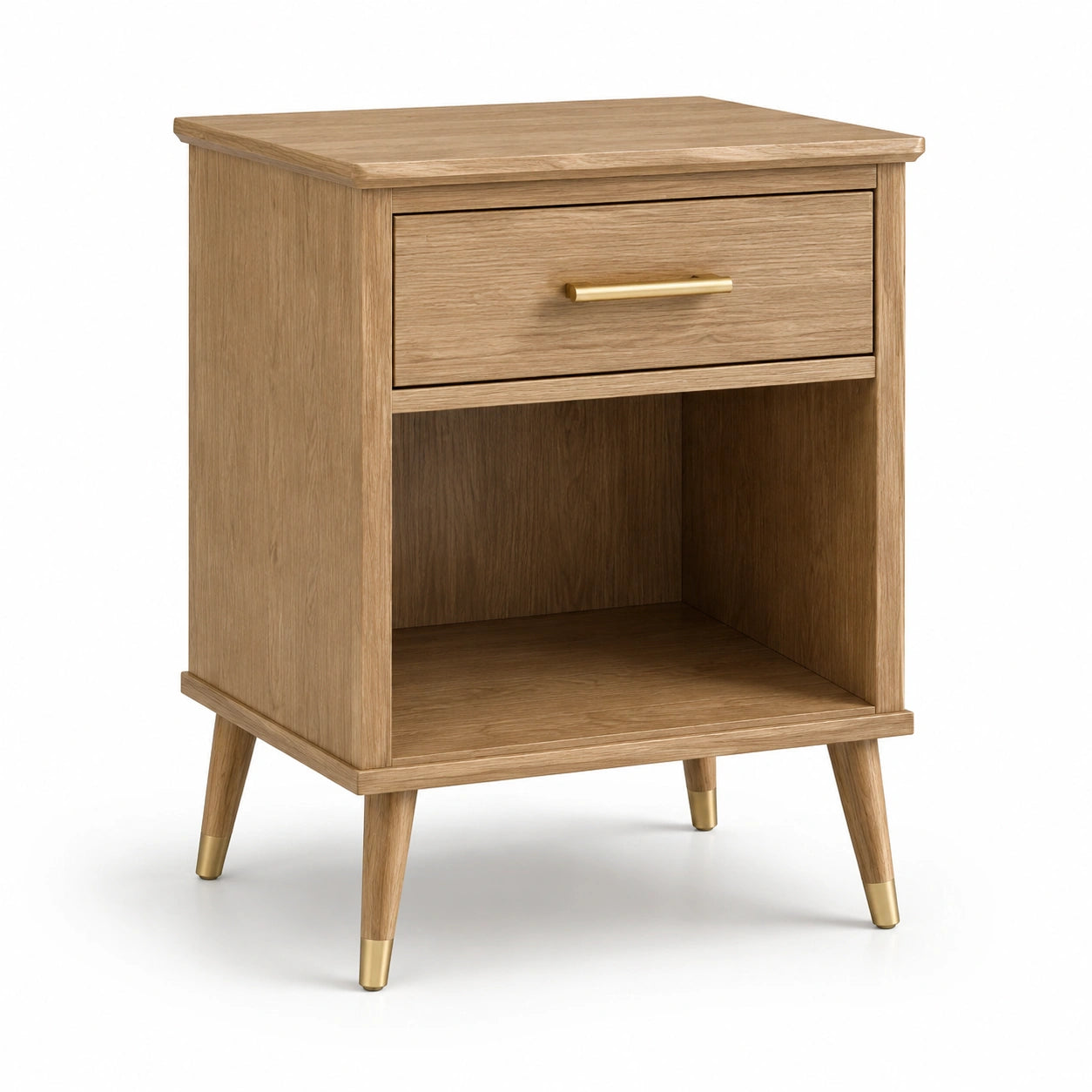 Nachttisch aus Holzwerkstoff in Natur und Gold, 50 × 40 × 65 cm, mit Schublade und offenem Fach