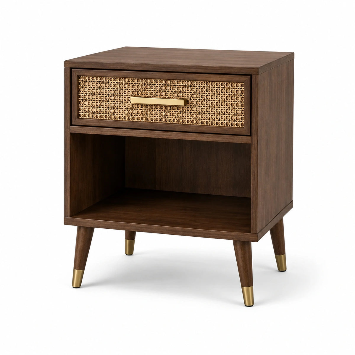 Nachttisch aus Holzwerkstoff und Rattan mit Schublade und offenem Fach, Dunkelbraun/Natur/Messingfarben, 50 × 40 × 65 cm