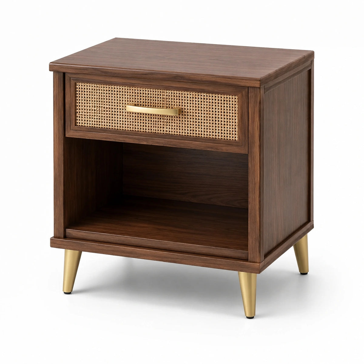 Nachttisch aus Holzwerkstoff mit Rattanfront, Schublade und offenem Fach, 50 × 40 × 60 cm, Braun/Natur/Goldfarben