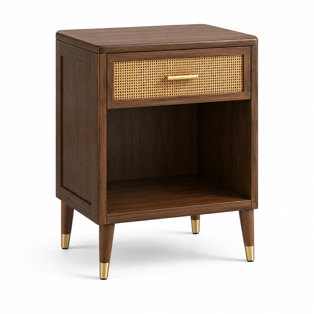 Nachttisch aus Holzwerkstoff und Rattan, Dunkelbraun/Natur/Goldfarben, 45 × 40 × 60 cm, mit Schublade und offenem Fach