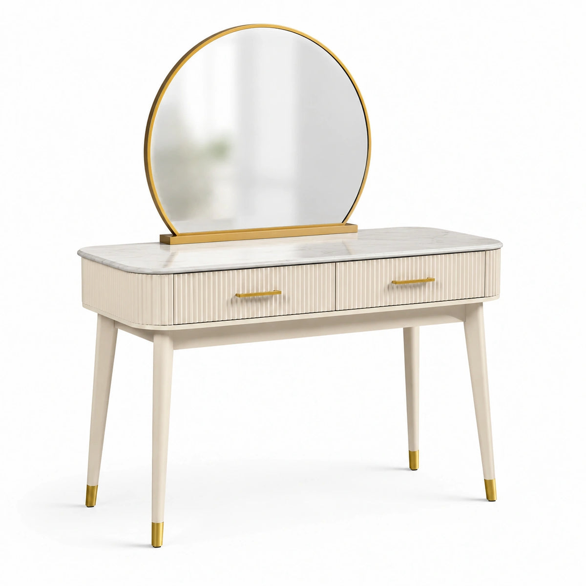 Schminktisch mit Rundspiegel und 2 Schubladen, 110 × 45 × 140 cm, Creme/Gold/Weiß