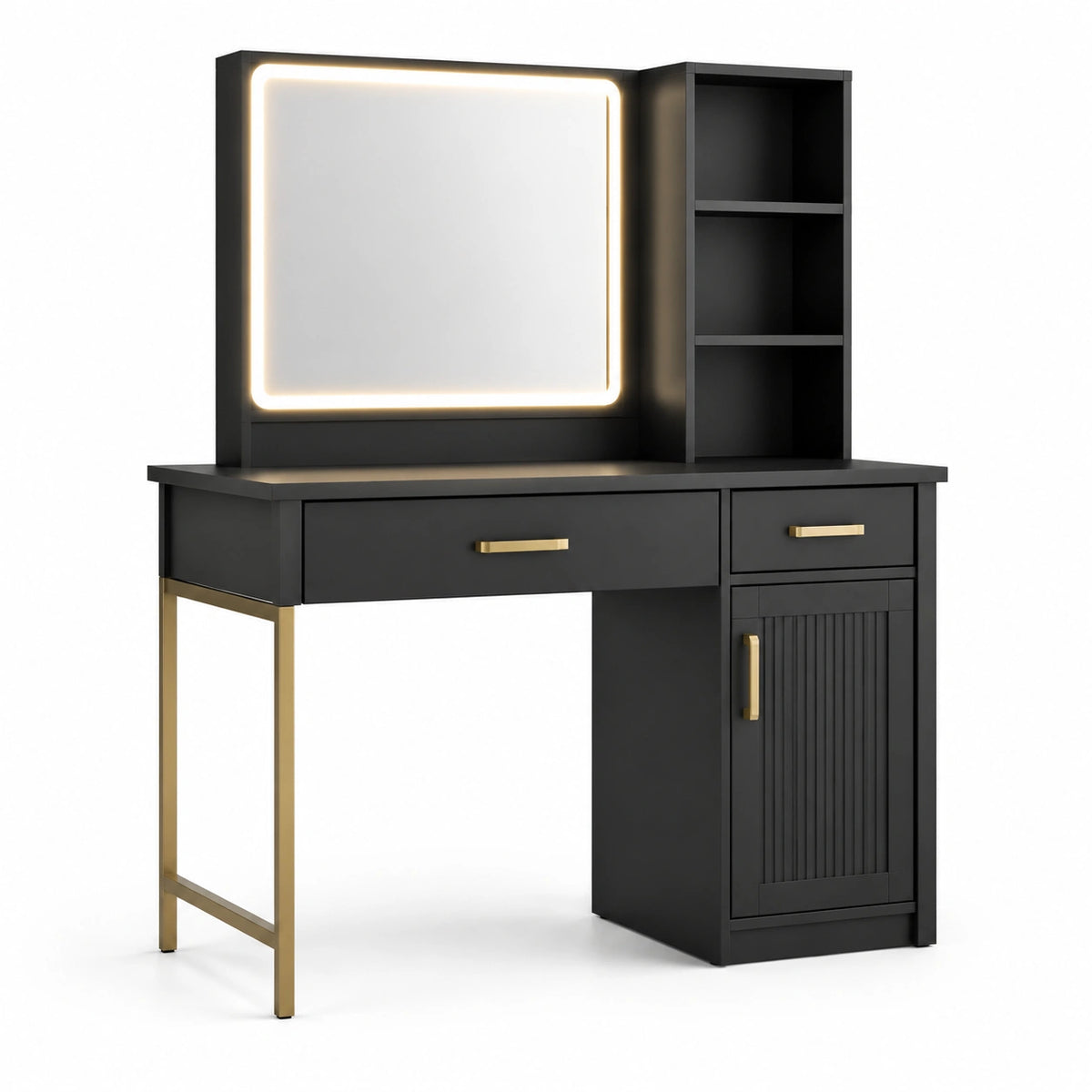 Schminktisch mit LED-Spiegel und Stauraum, 120 × 50 × 145 cm, Schwarz/Gold