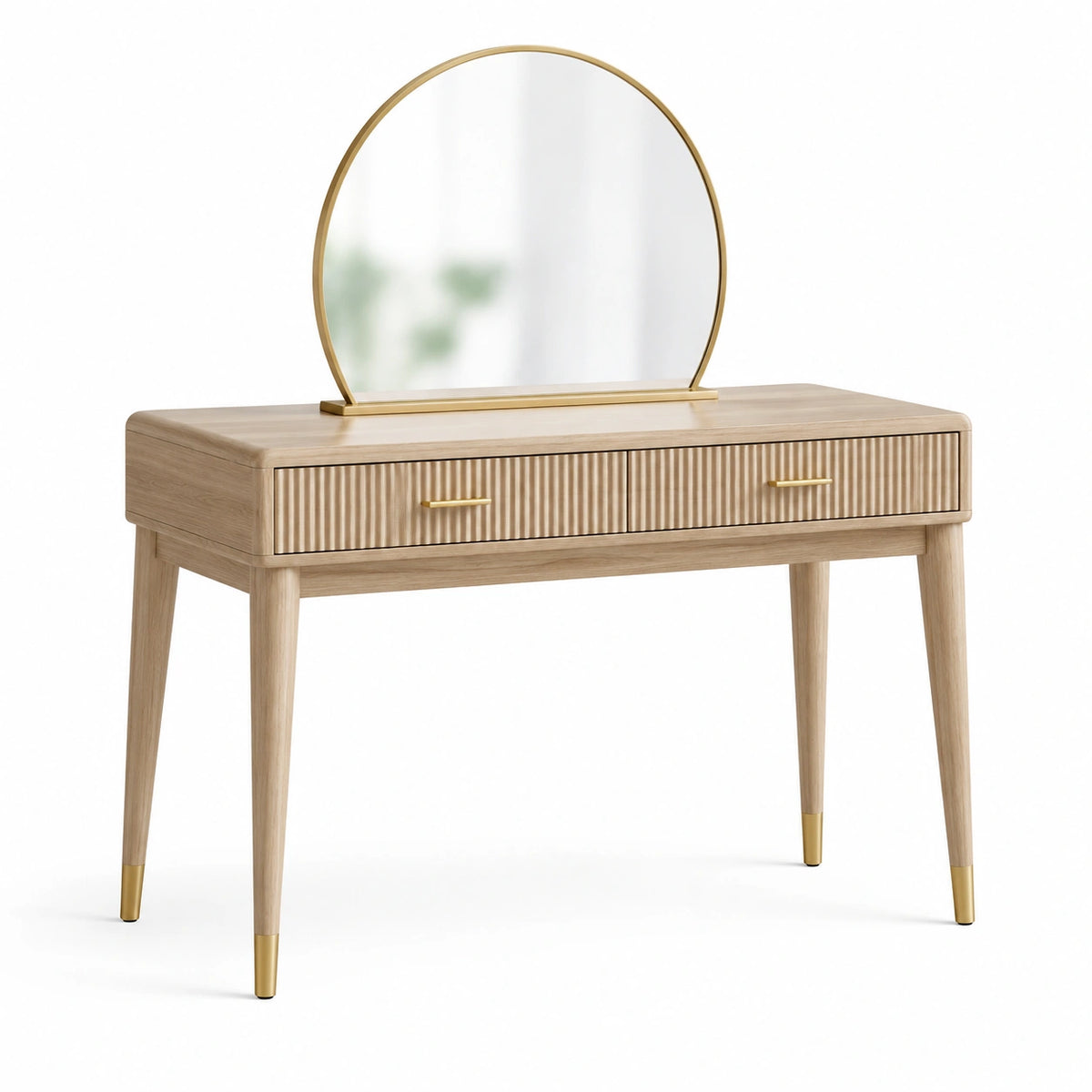 Schminktisch mit rundem Spiegel und 2 Schubladen, 110 × 45 × 130 cm, Natur/Gold