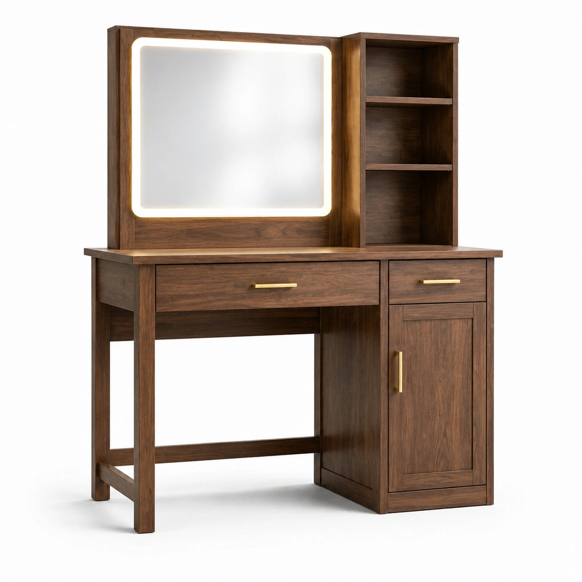 Schminktisch mit beleuchtetem Spiegel, 120 × 45 × 150 cm, Braun/Gold, 2 Schubladen, Schrankfach und 3 Ablagen