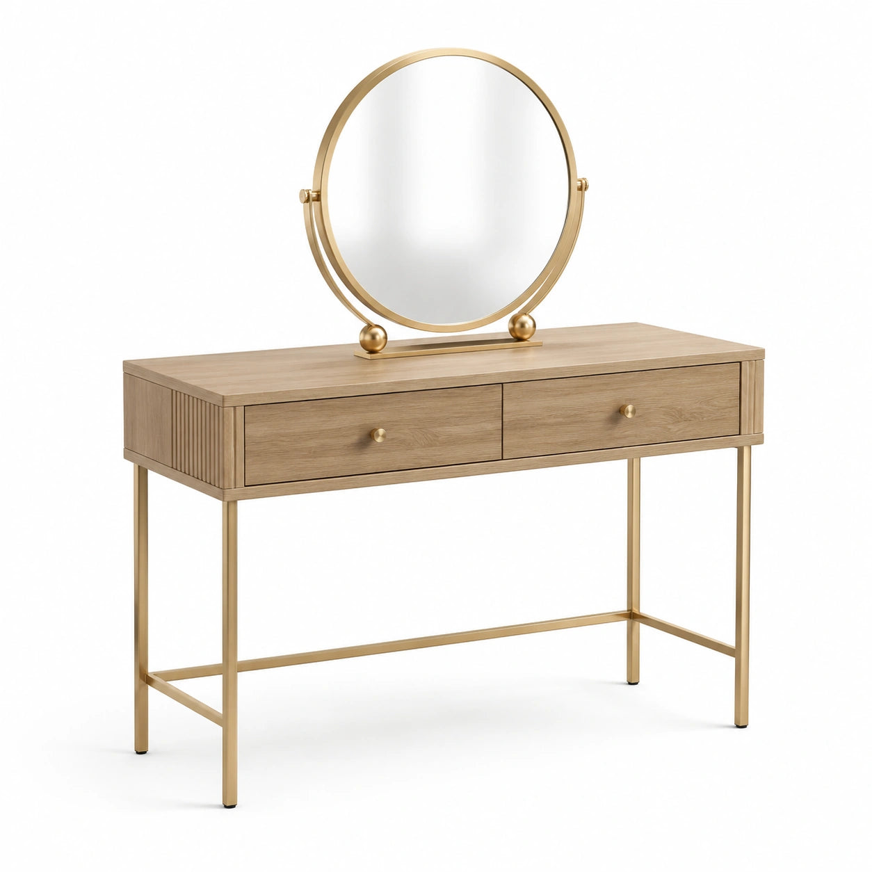 Schminktisch mit rundem Spiegel und 2 Schubladen, 120 × 45 × 145 cm, Natur/Gold