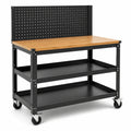 Mobile Werkbank aus Stahl und Holz mit Lochwand, 2 Ablagen und Rollen, 120 × 60 × 150 cm, Schwarz/Natur