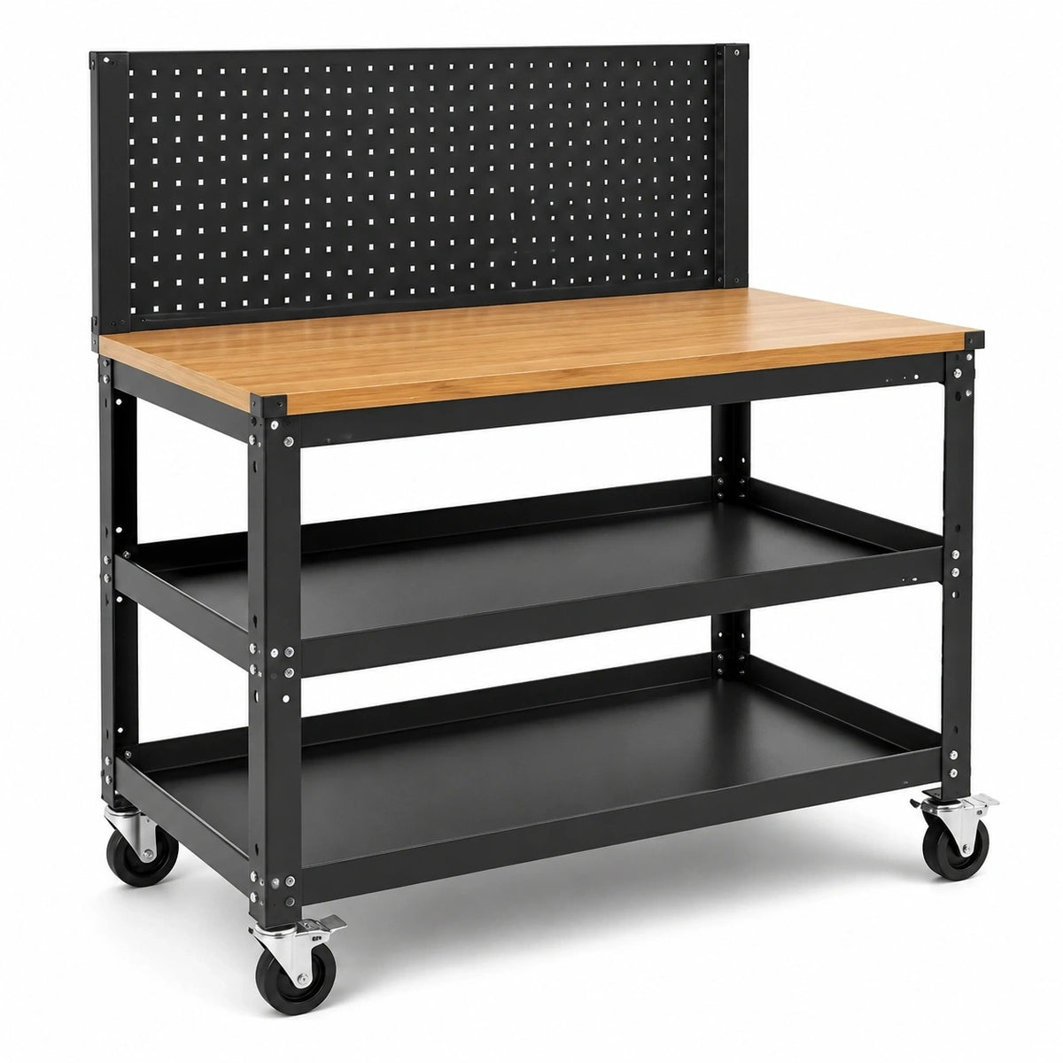 Mobile Werkbank aus Stahl und Holz mit Lochwand, 2 Ablagen und Rollen, 120 × 60 × 150 cm, Schwarz/Natur