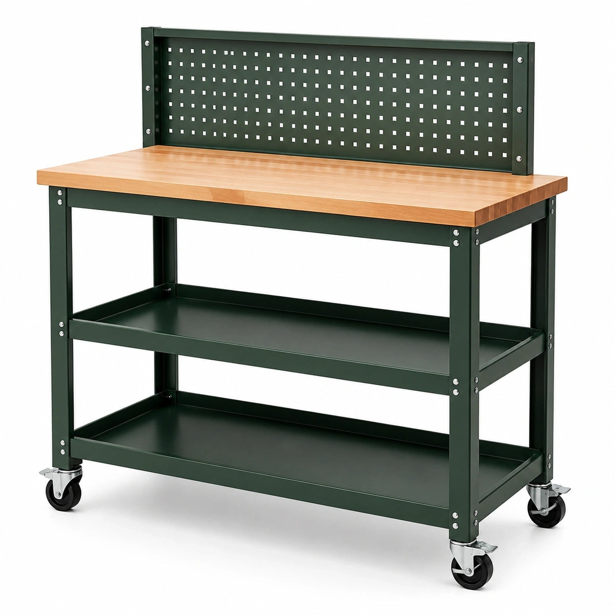 Mobile Werkbank aus Stahl und Holz, 120 × 60 × 150 cm, Dunkelgrün/Natur, mit 2 Ablagen, Lochwand und Lenkrollen