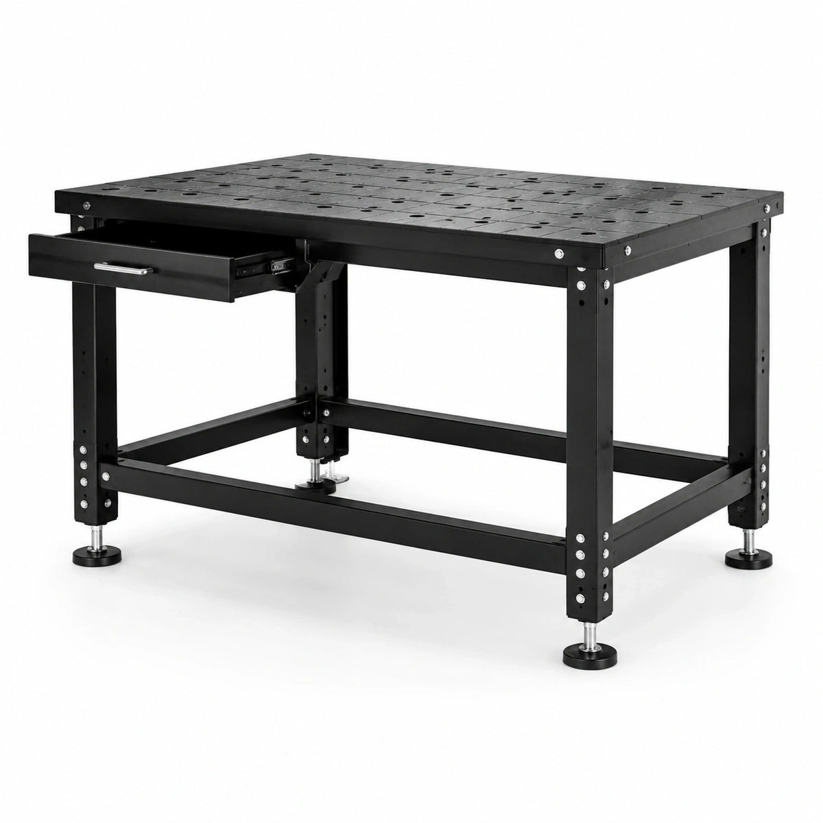 Stahl-Werkbank mit Lochplatte, Schublade und Nivellierfüßen, Schwarz/Silber, 120 × 60 × 90 cm