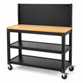 Mobile Werkbank mit Lochwand, 2 Ablagen und Rollen, 120 × 60 × 150 cm, Stahl und Bambus, Schwarz/Natur