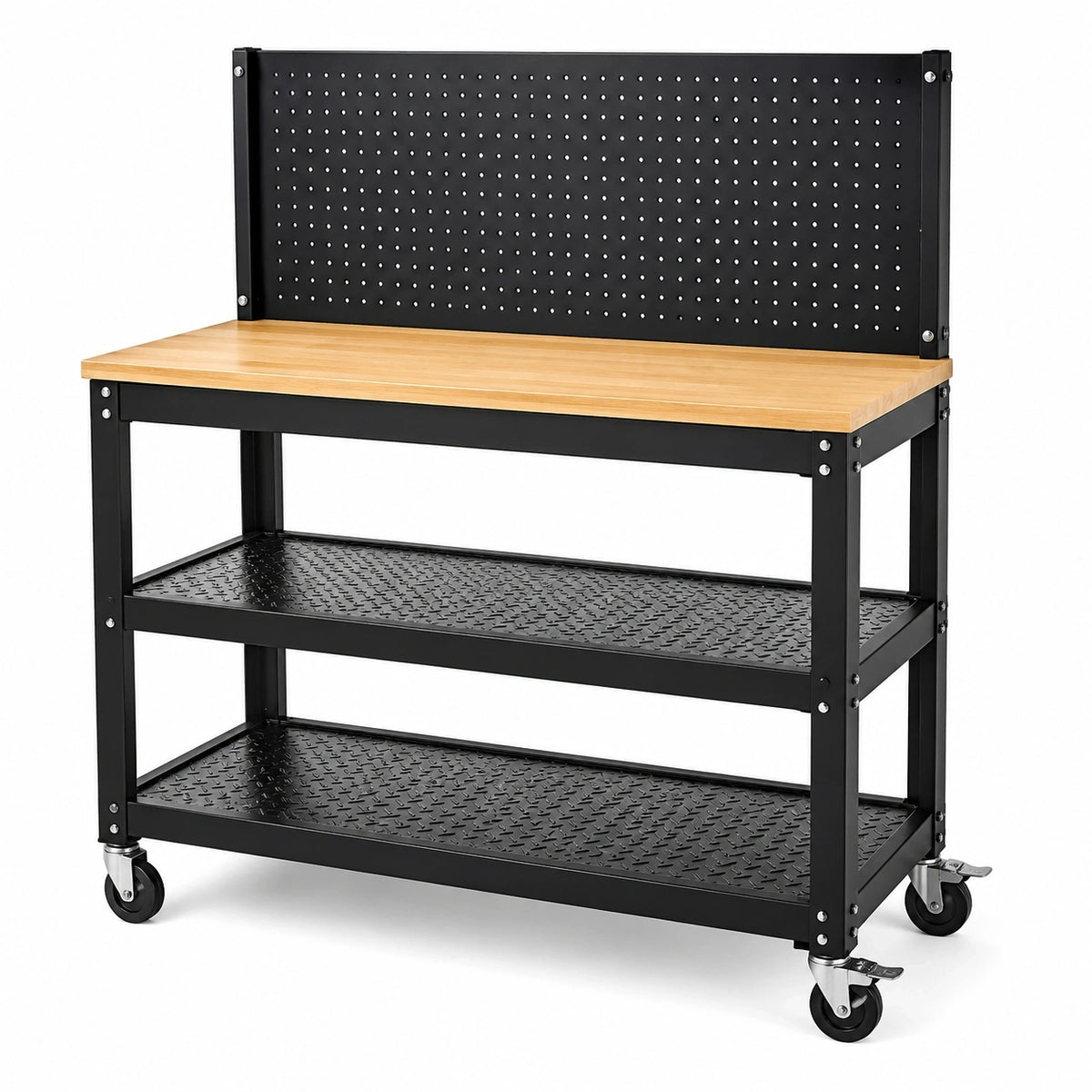 Mobile Werkbank mit Lochwand, 2 Ablagen und Rollen, 120 × 60 × 150 cm, Stahl und Bambus, Schwarz/Natur