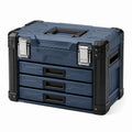 Robuster Werkzeugkoffer mit 3 Schubladen, oberem Staufach und Tragegriff, 53 × 32 × 43 cm, Dunkelblau/Schwarz/Silber