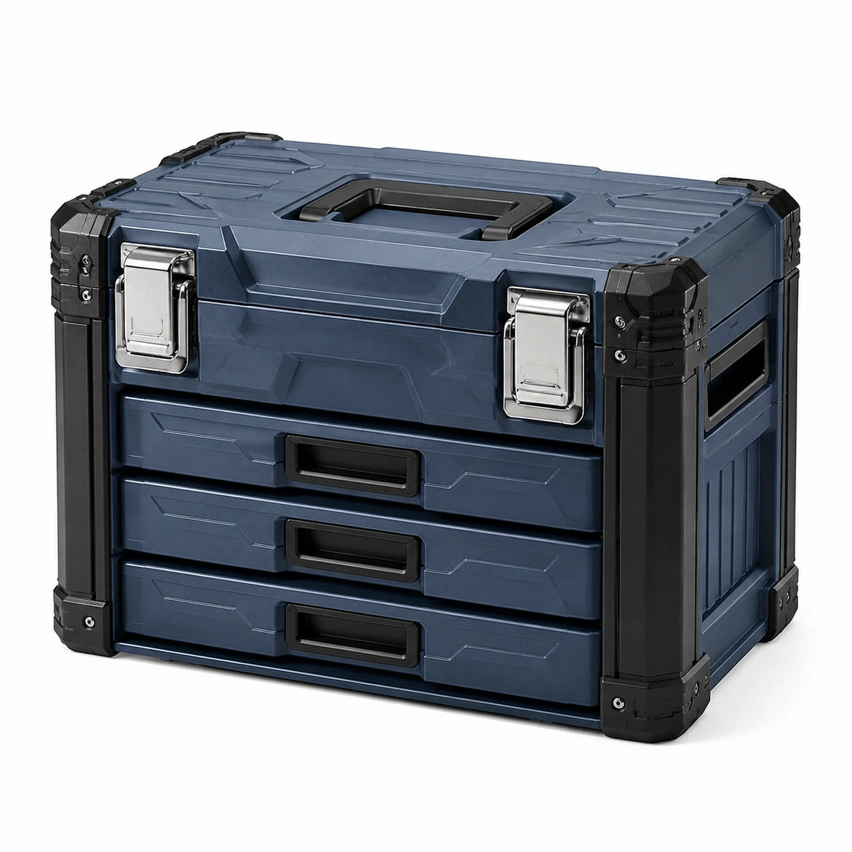 Robuster Werkzeugkoffer mit 3 Schubladen, oberem Staufach und Tragegriff, 53 × 32 × 43 cm, Dunkelblau/Schwarz/Silber