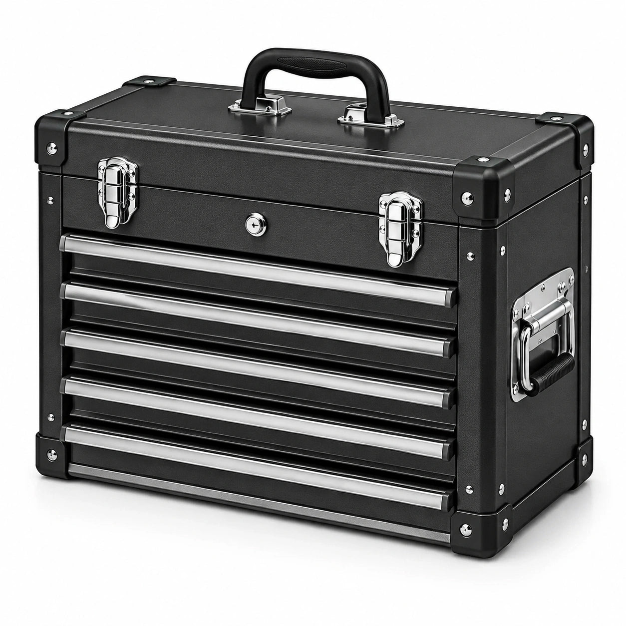Abschließbarer Stahl-Werkzeugkasten mit 5 Schubladen, 52 × 26 × 48 cm, Schwarz/Silber