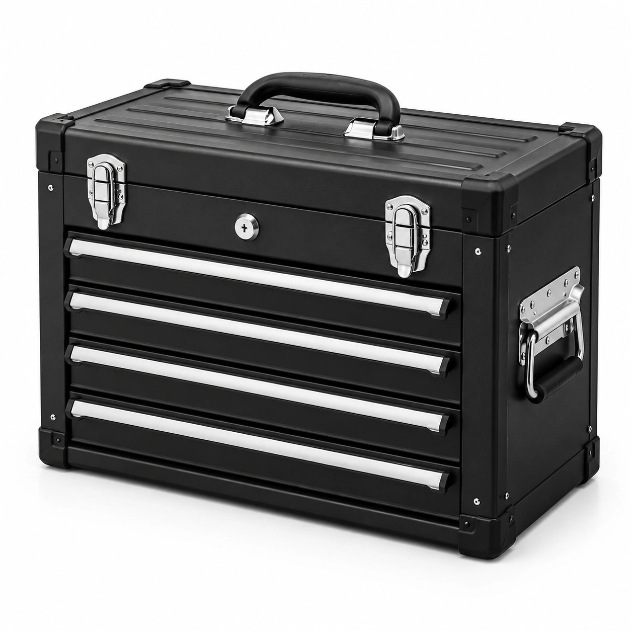 Abschließbarer Werkzeugkoffer aus Metall mit 4 Schubladen, Schwarz/Silber, 56 × 33 × 49 cm